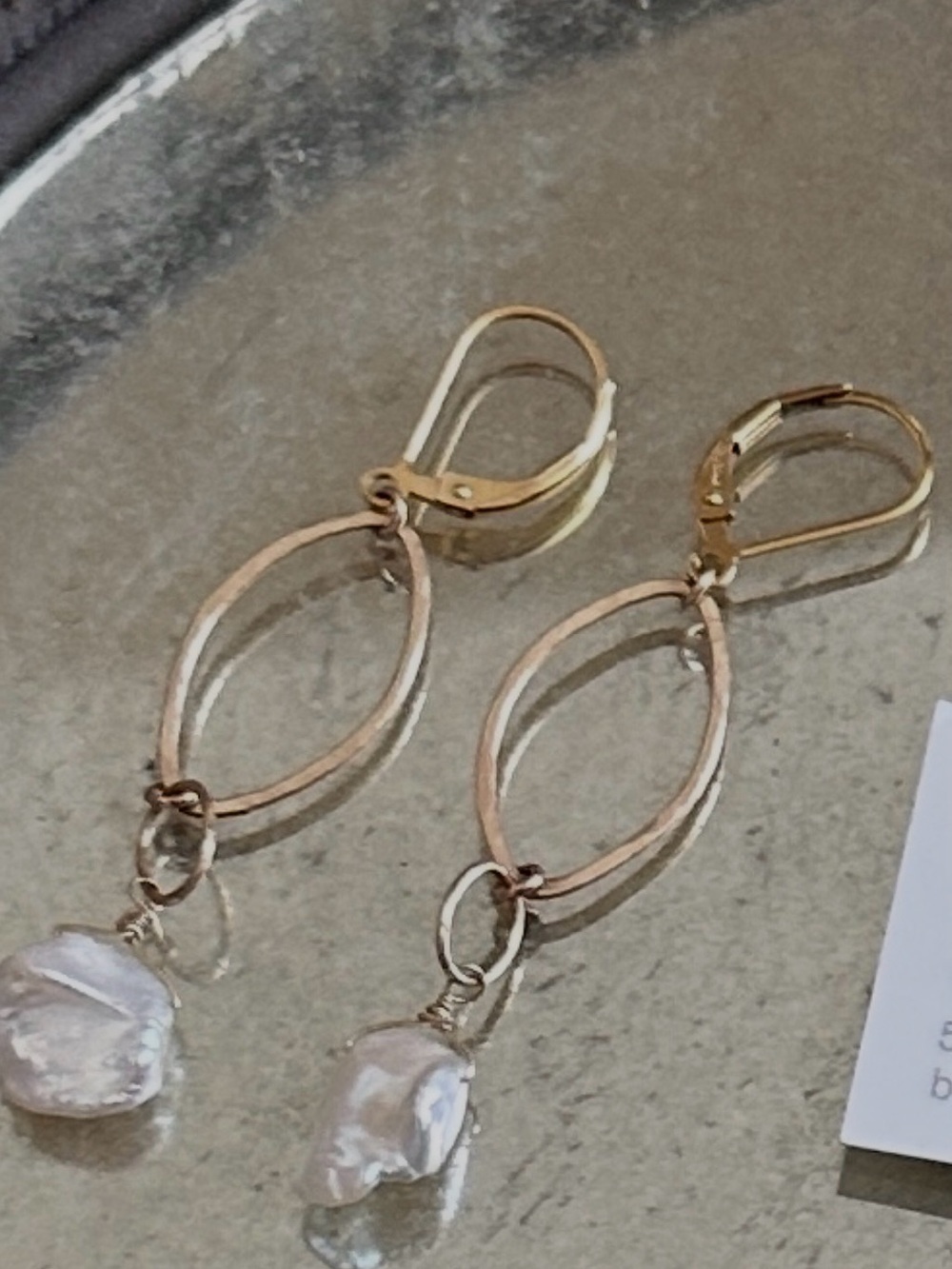 Gold Tone Drop Earrings with White Baroque Pearls